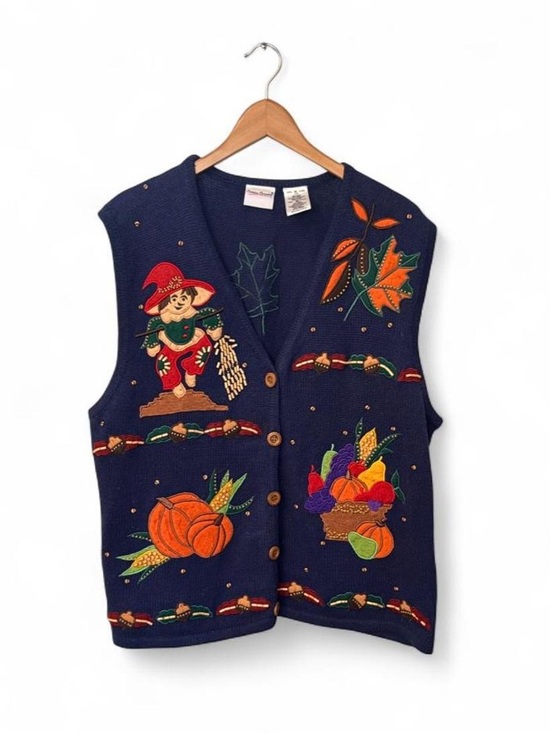 Bobbie Brooks Sweaters - Bobbie Brooks Navy Autumn Harvest Embroidered Vest XL Halloween Fall Grannycore